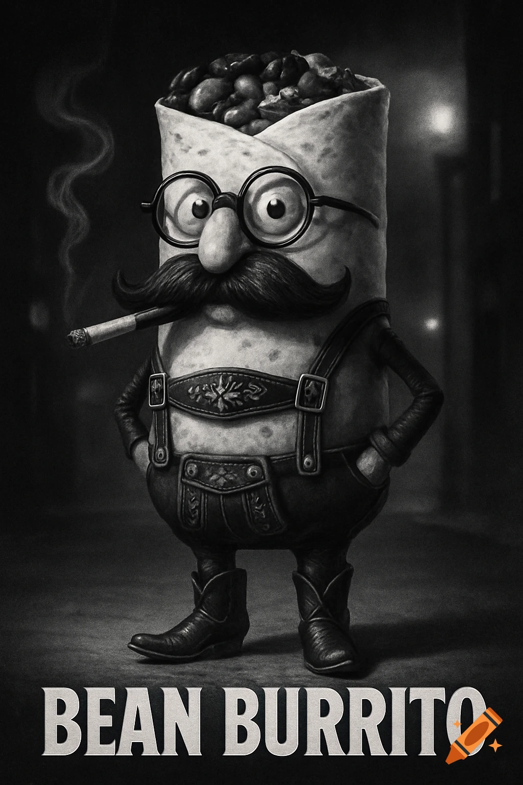 A black and white movie poster of a bean burrito character wearing glasses, a mustache, lederhosen, cowboy boots, and smoking a cigarette. Text reads 'BEAN BURRITO'.
