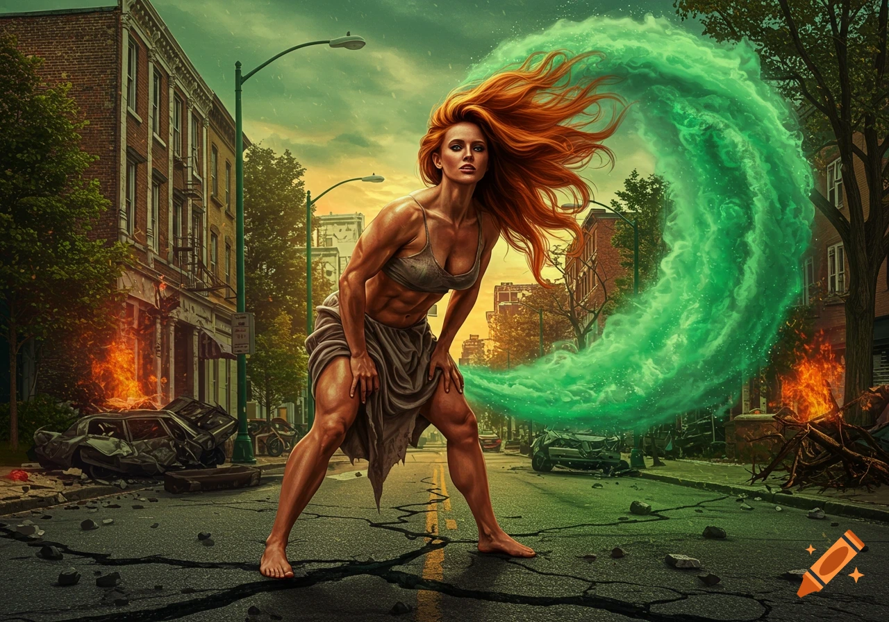 A muscular ginger-haired woman in a sports bra and skirt stands in a destroyed city street, surrounded by a swirling green energy aura.