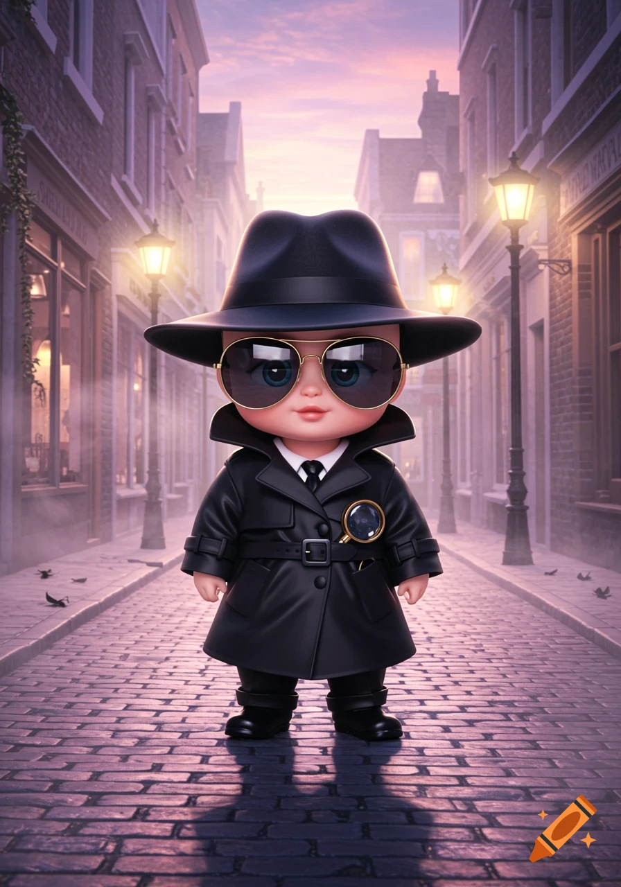 A cute, stylized baby character dressed as a spy, wearing a trench coat, fedora, and sunglasses, standing on a cobblestone street at sunset.