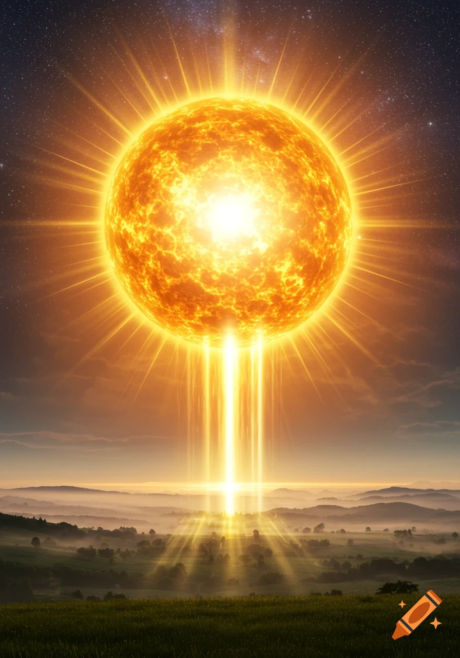 A radiant sun-like sphere beams bright light onto a misty, green landscape with distant mountains under a starry sky.