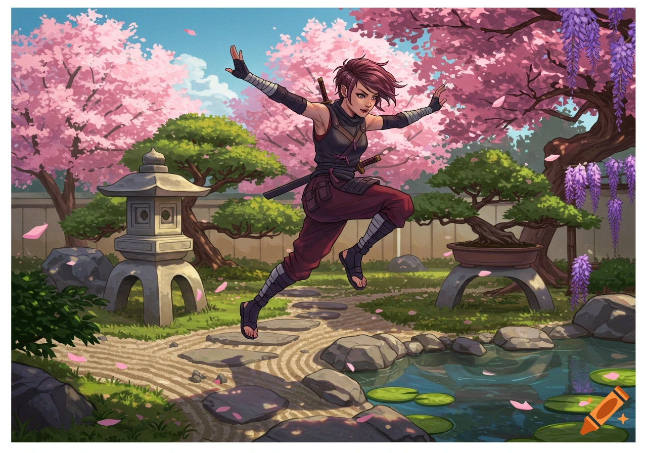 A vibrant illustration of a female ninja leaping through a beautiful Japanese garden with cherry blossoms.