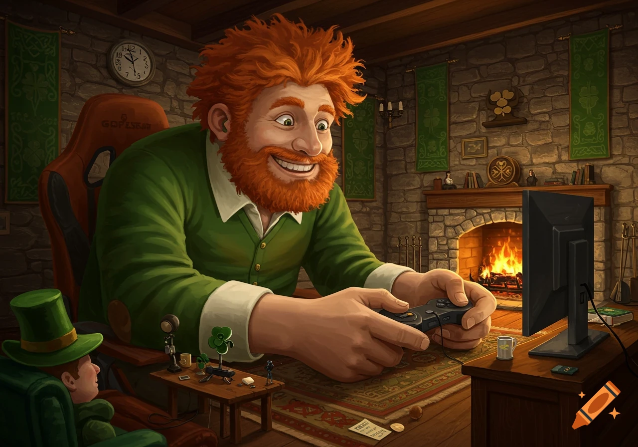 A giant, happy, red-haired Irish man plays video games in a cozy, stone-walled room with a fireplace, as a small leprechaun sits beside him.
