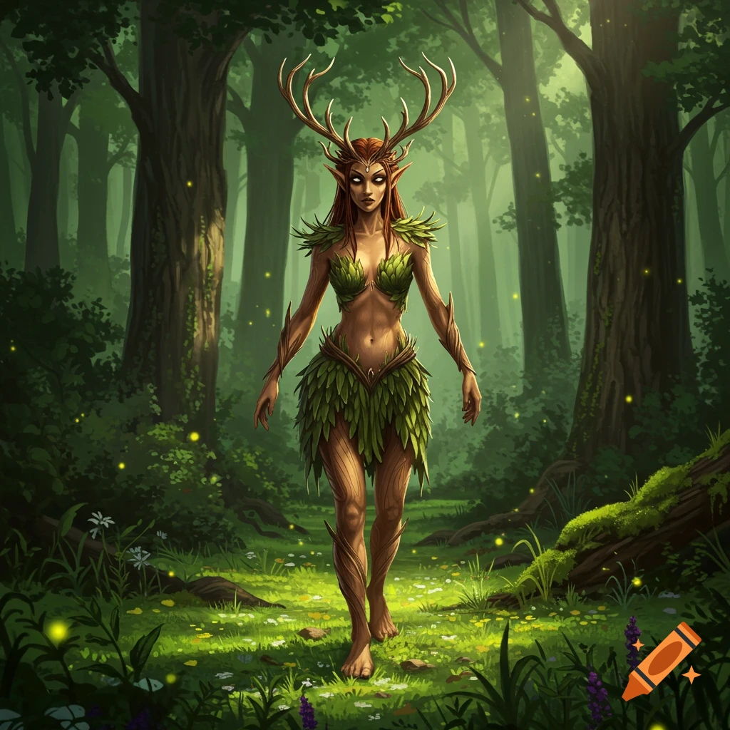 A fantasy wood elf woman with antlers and leaf clothing walks through a mystical, glowing forest.