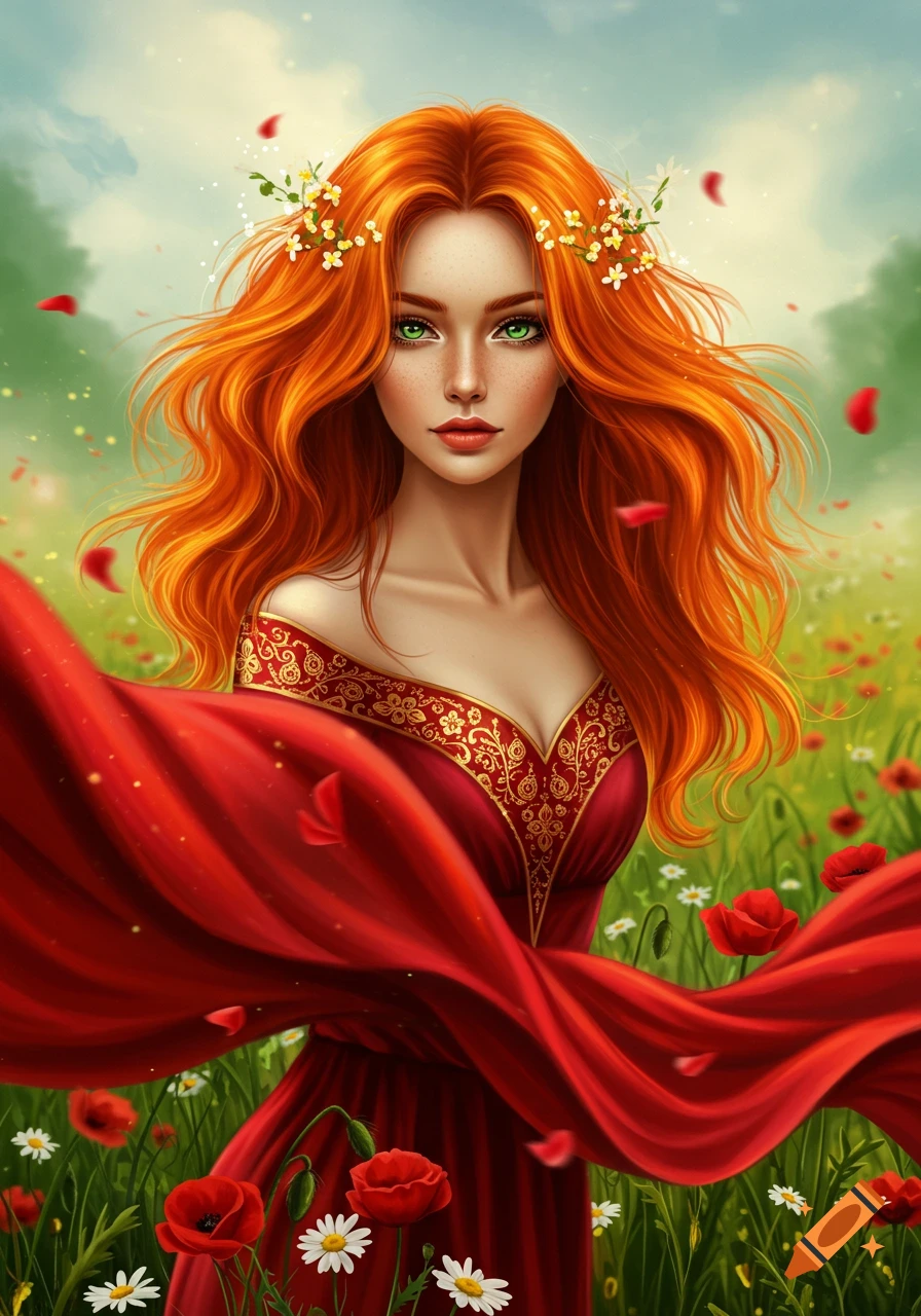 A red-haired woman with green eyes, wearing a red gown with gold embroidery, stands in a field of poppies and daisies.
