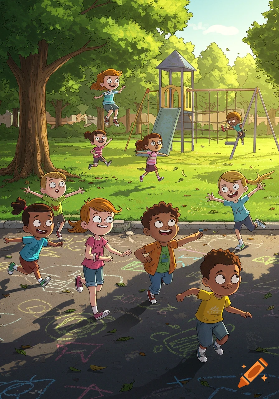 A group of happy cartoon children playing and running in a sunny park playground with chalk drawings on the asphalt.