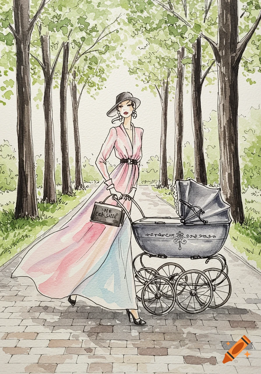 A watercolor and ink fashion illustration of a stylish woman in a long pink and blue dress and hat, pushing a vintage baby buggy on a paved path lined with trees.