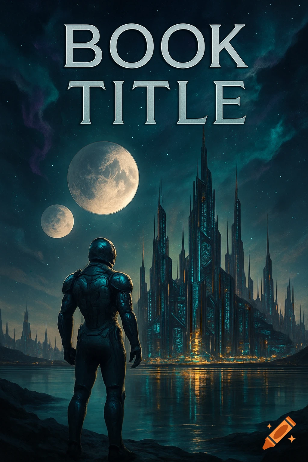A person in a futuristic suit stands on a rocky shore, gazing at an illuminated city under two moons. 'BOOK TITLE' is at the top.