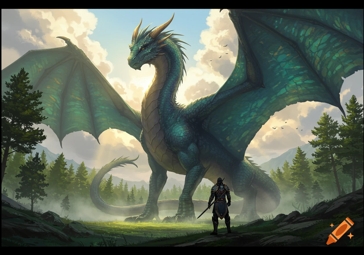 A massive green dragon stands in a misty forest clearing, facing a human knight clad in dark armor holding a sword. Sunlight streams through clouds.
