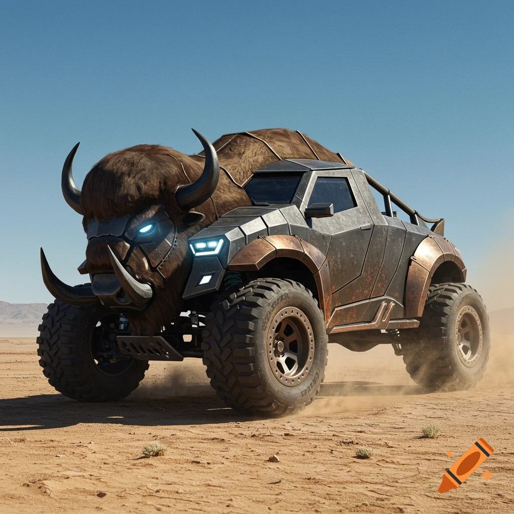 An armored offroad vehicle with a bison head front and glowing blue eyes, driving through a dusty desert.