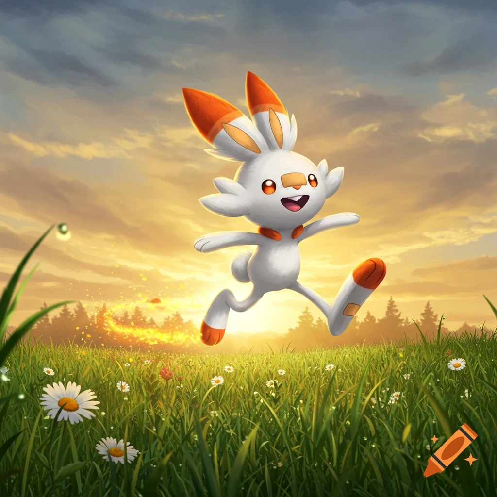 Scorbunny, a white and orange Pokémon, happily leaps through a green meadow with daisies at sunset.
