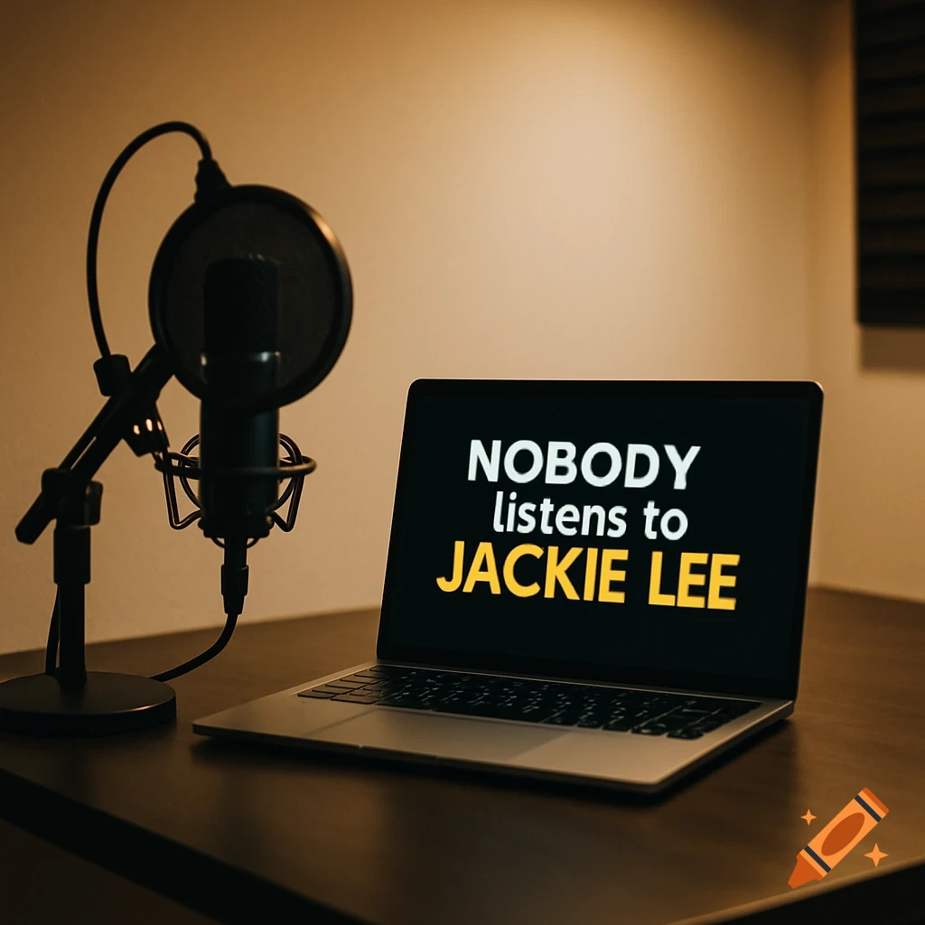 A studio microphone next to a laptop displaying 'NOBODY listens to JACKIE LEE' on a dark desk.