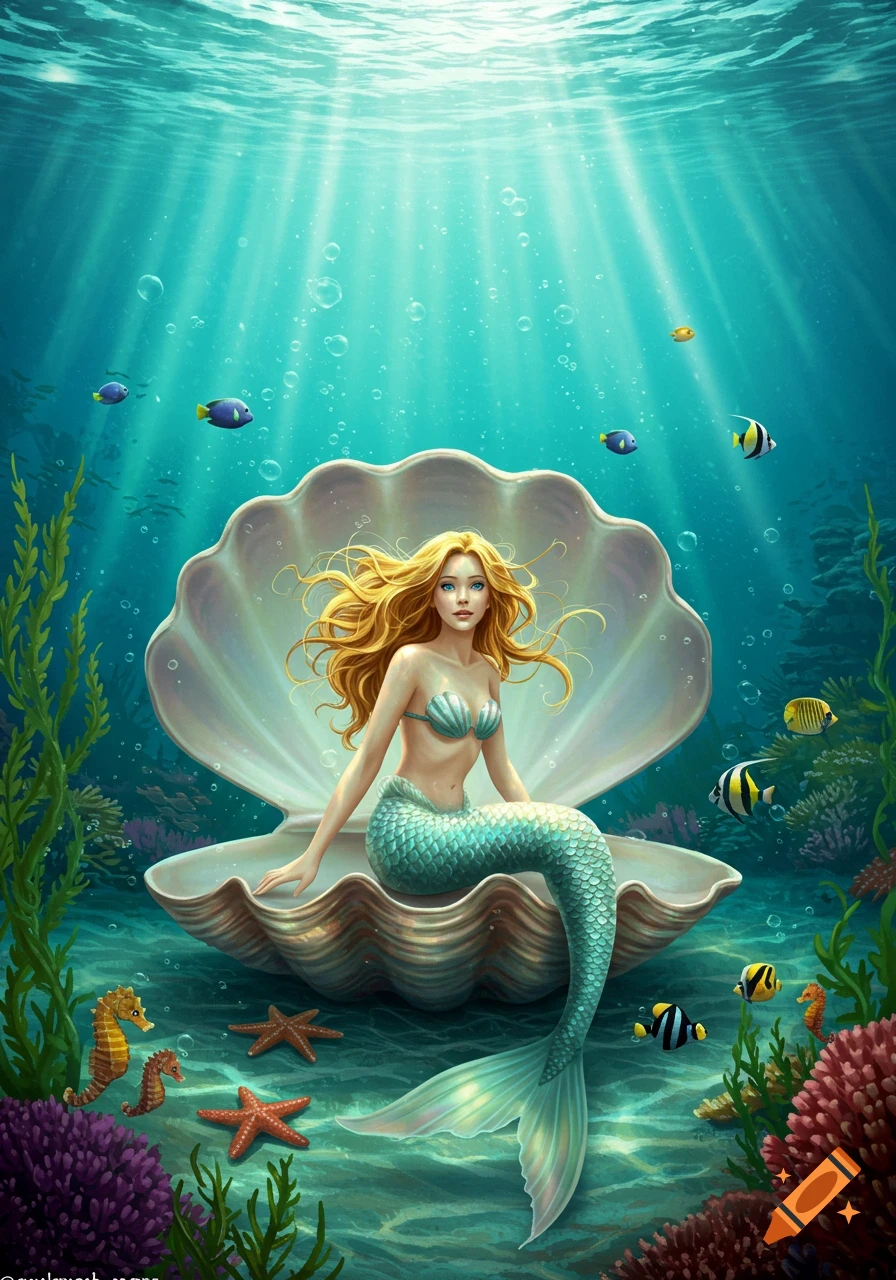 A beautiful mermaid with long blonde hair and a teal tail sits in a large, open seashell underwater, surrounded by colorful fish and coral.