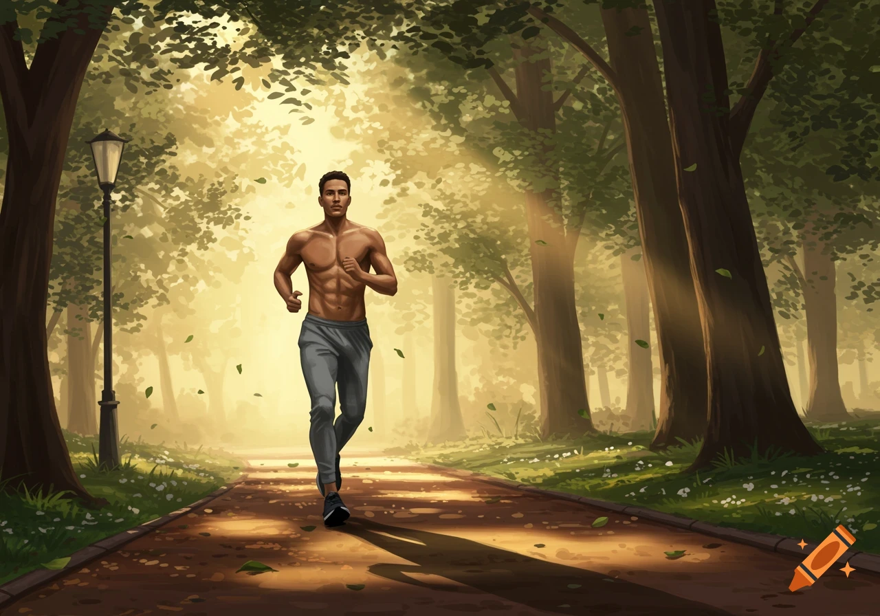 A shirtless muscular man runs on a sunlit path through a lush green park in a digital painting.