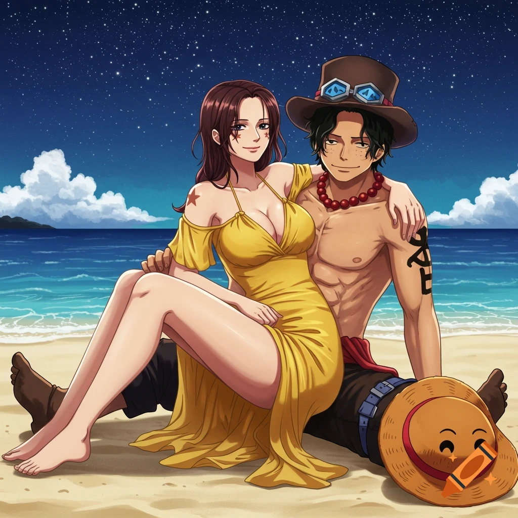 Anime couple, a man and woman, sitting on a sandy beach under a starry night sky. The woman wears a yellow dress, the man is shirtless.