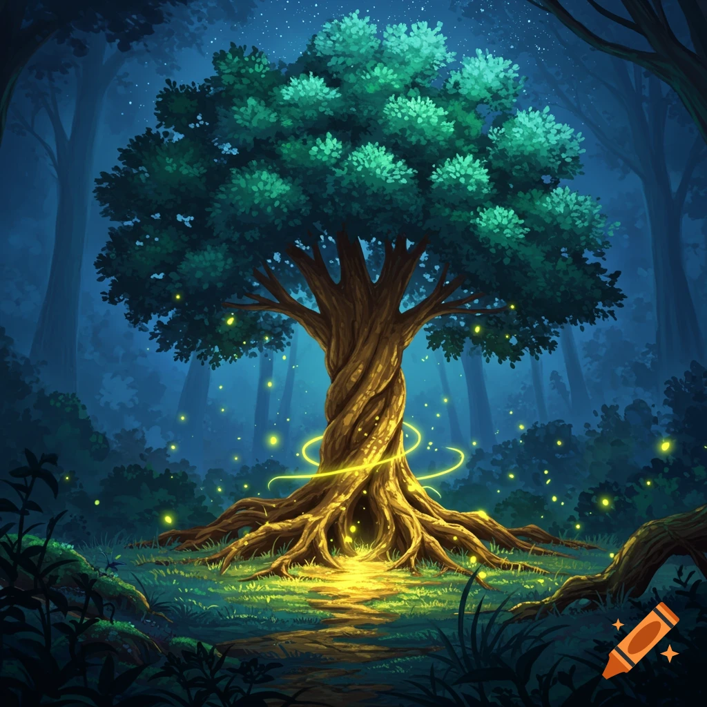 An illuminated tree of life with glowing roots and a twisted trunk stands in a dark, mystical forest with fireflies, stylized illustration.