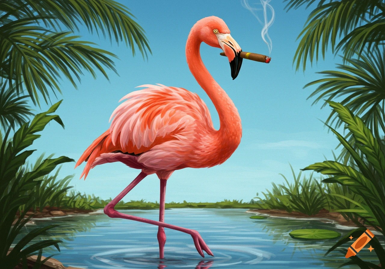 A pink flamingo stands in water in a tropical setting, smoking a cigar. Digital art.