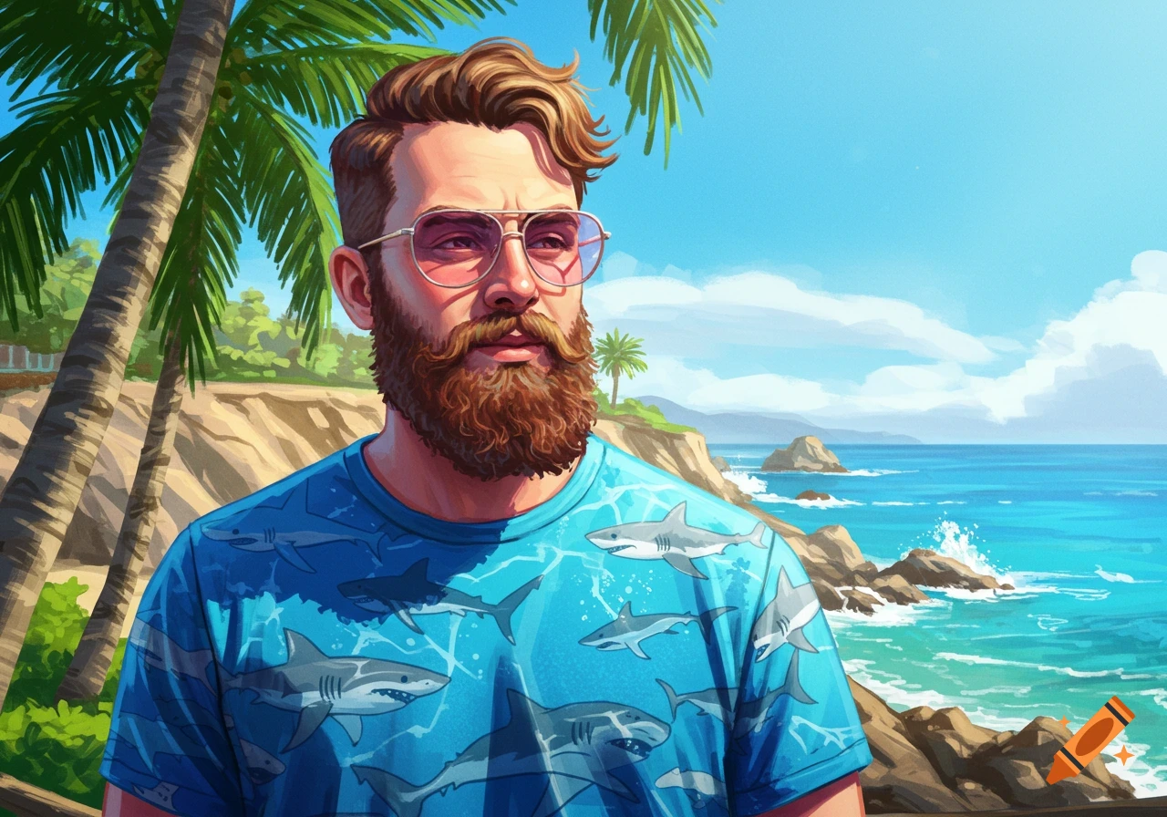 A bearded man with pink glasses and a shark-print shirt on a tropical beach, digital art.