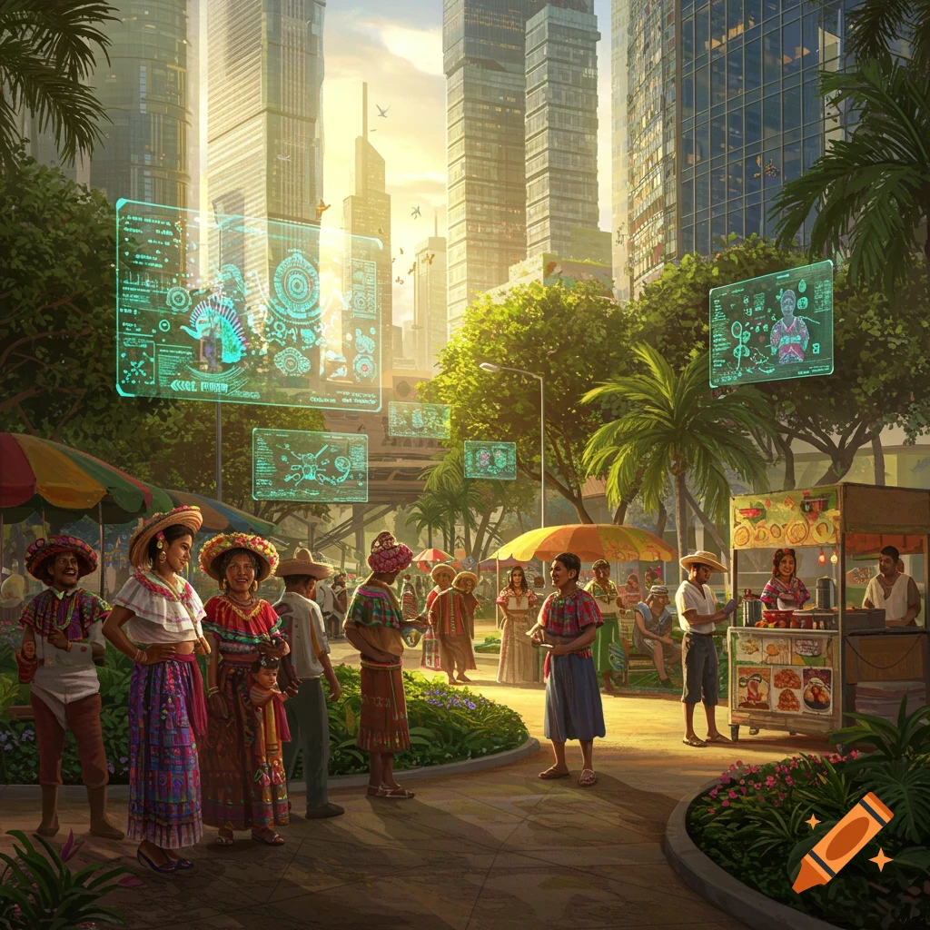 Vibrant outdoor market in a futuristic city with people in traditional attire and glowing holographic displays.