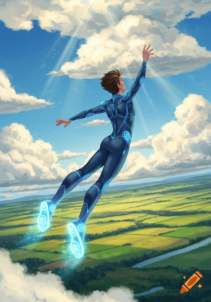 An illustrated man in a dark blue, glowing suit soaring upwards through a cloudy blue sky over a green landscape.