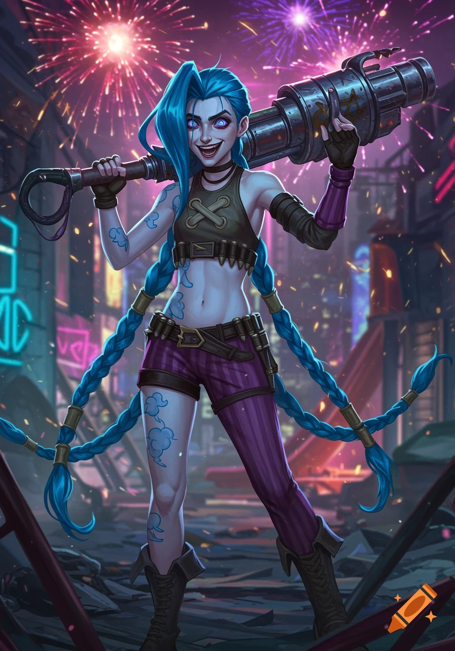 Jinx, a blue-haired character, stands with a manic grin, holding a large weapon on her shoulder amidst fireworks and a neon city.