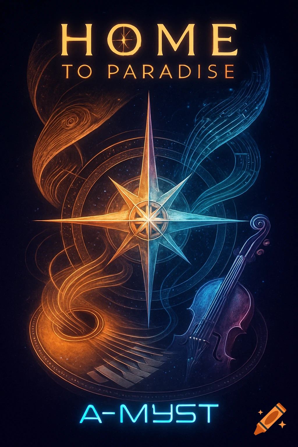 Album cover with a glowing compass rose, abstract orange and blue light, piano keys, and a violin on dark background. Text 'HOME TO PARADISE' and 'A-MYST'.