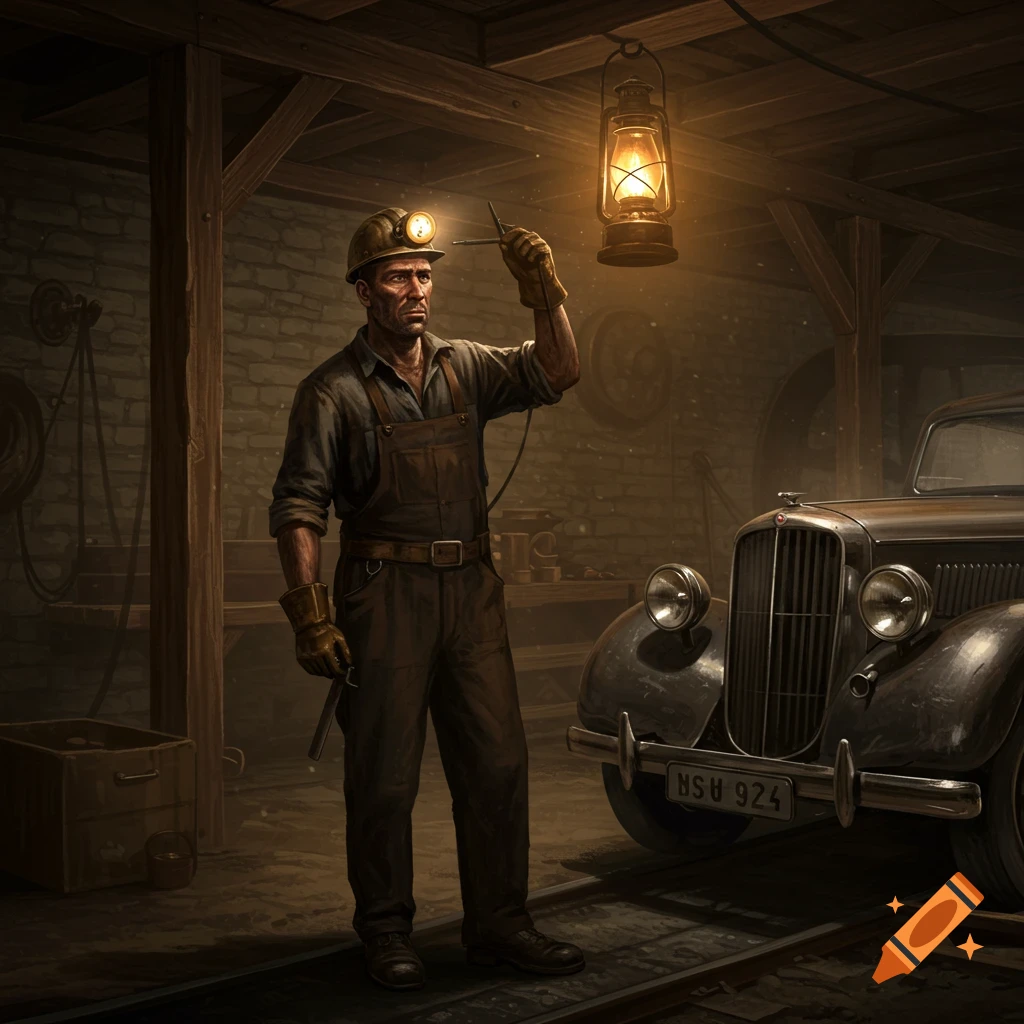 A man in overalls and a hard hat with a headlamp holds a tool next to a vintage car in a dimly lit garage.