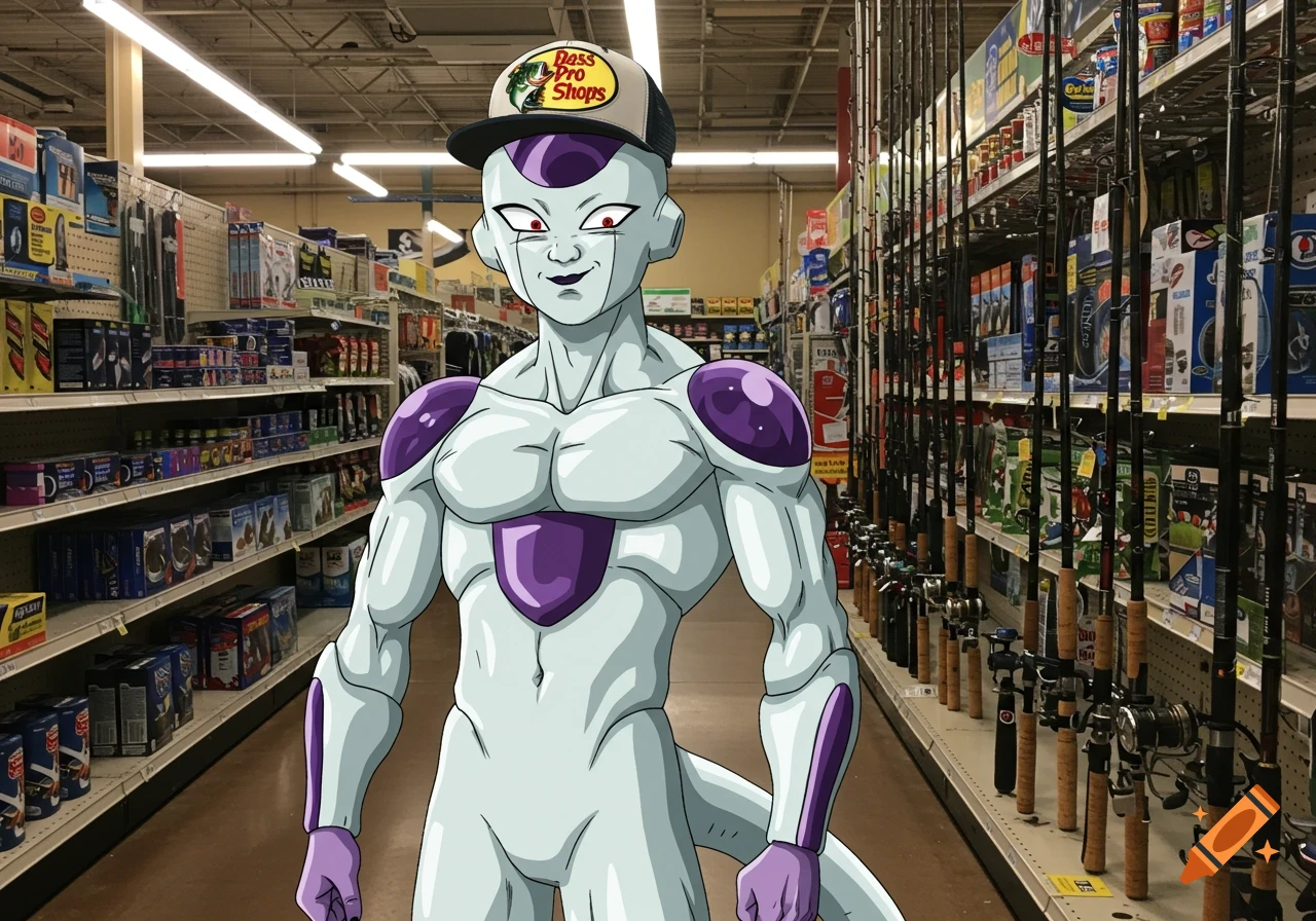 Frieza from Dragon Ball Z, wearing a Bass Pro Shops cap, stands in a fishing store aisle.