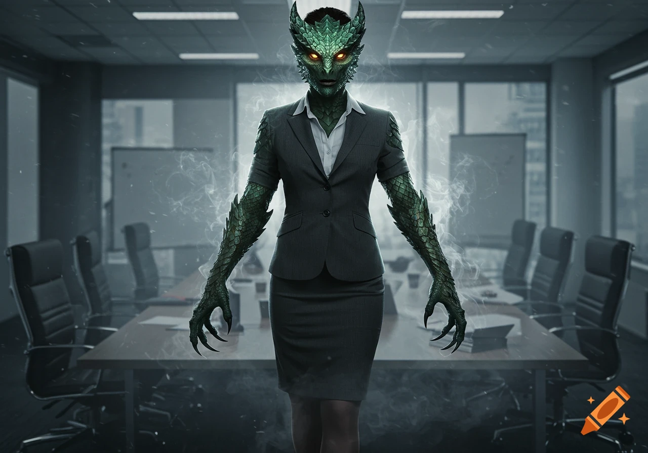 Photorealistic image of a woman in a business suit transforming into a green dragon monster with glowing eyes in an office.