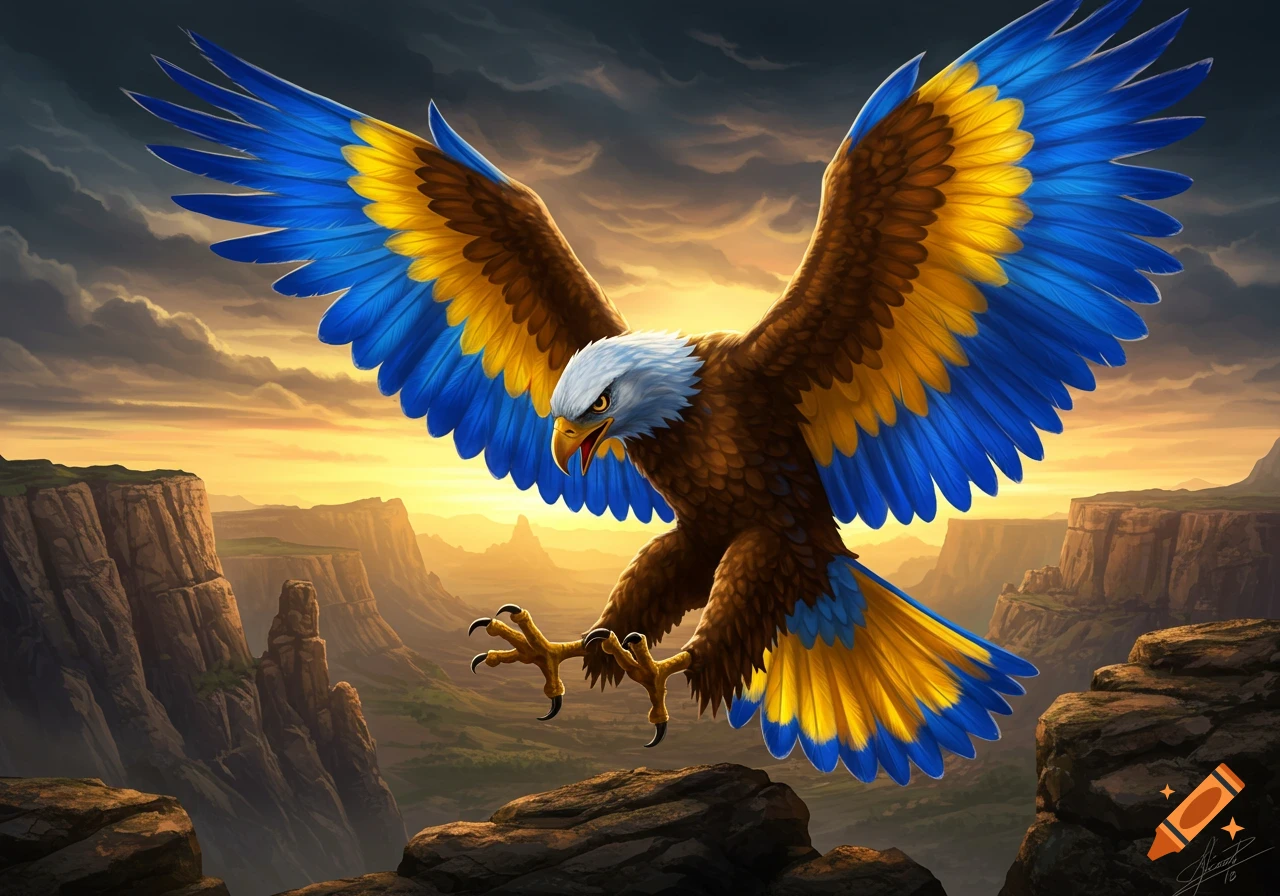 A vibrant blue and yellow eagle with widespread wings descends over a rocky cliff at sunset, in a stylized illustration.