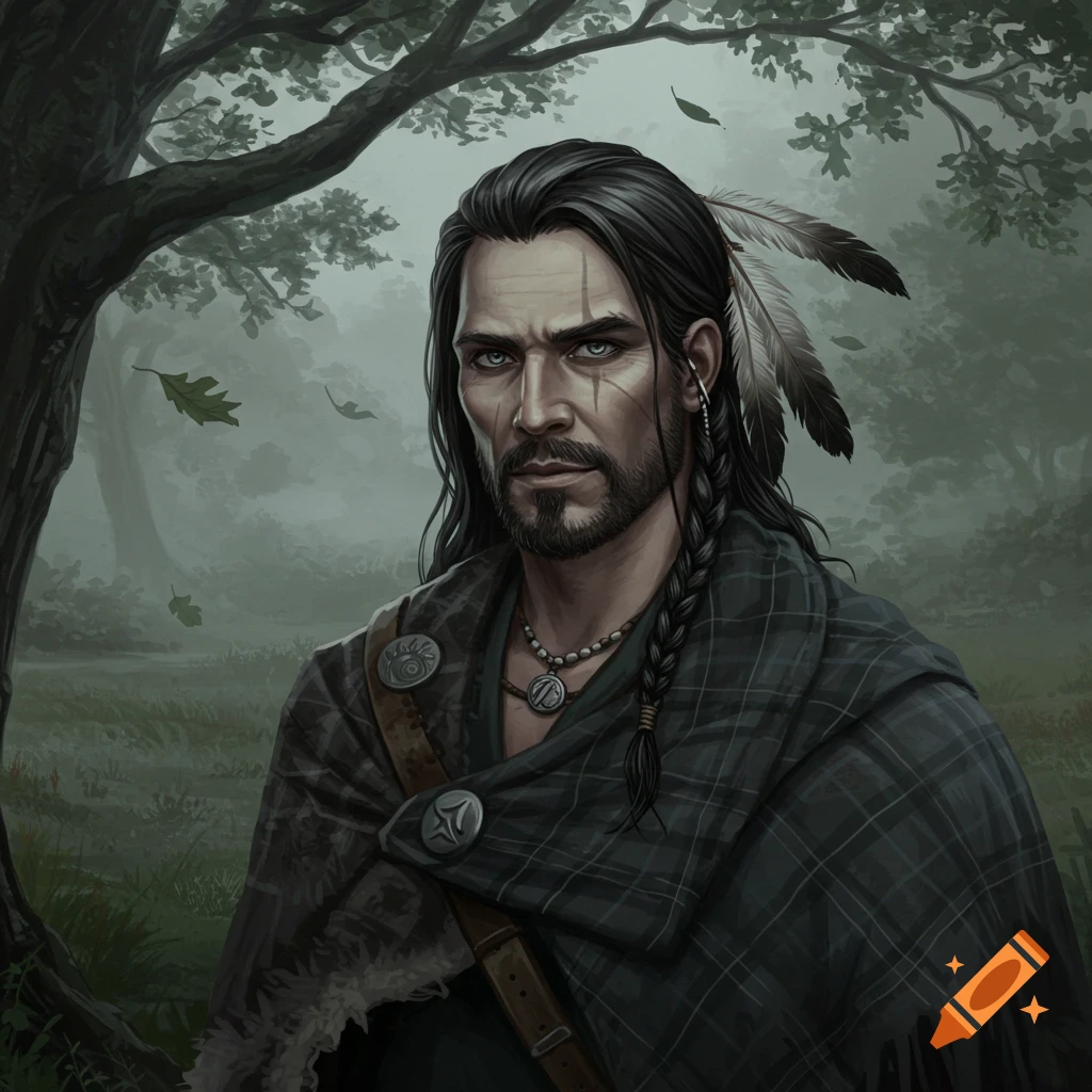 A brooding man with long dark hair, a braided beard, and scars on his face, wearing a plaid cloak and feathers, stands in a foggy forest.