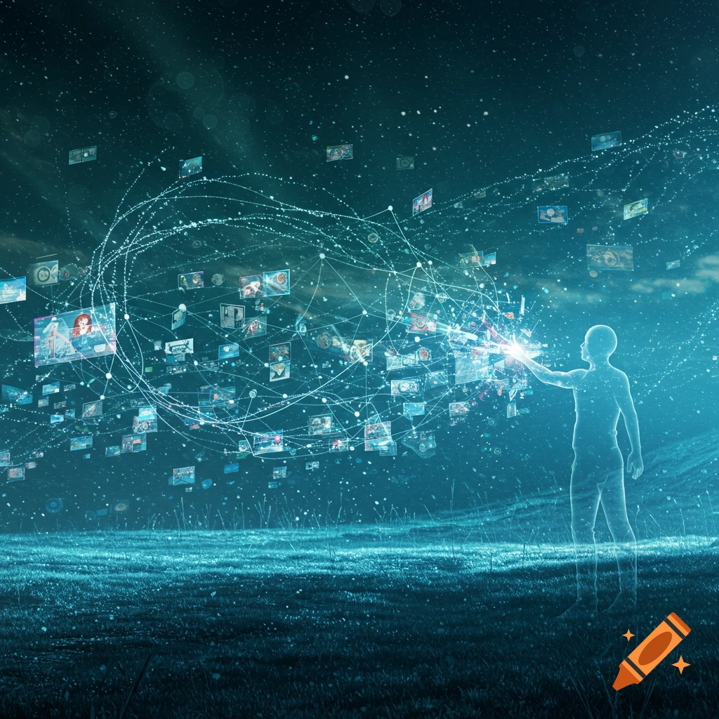 A glowing human figure interacts with a swirling network of connected digital screens in a starry field, symbolizing data.