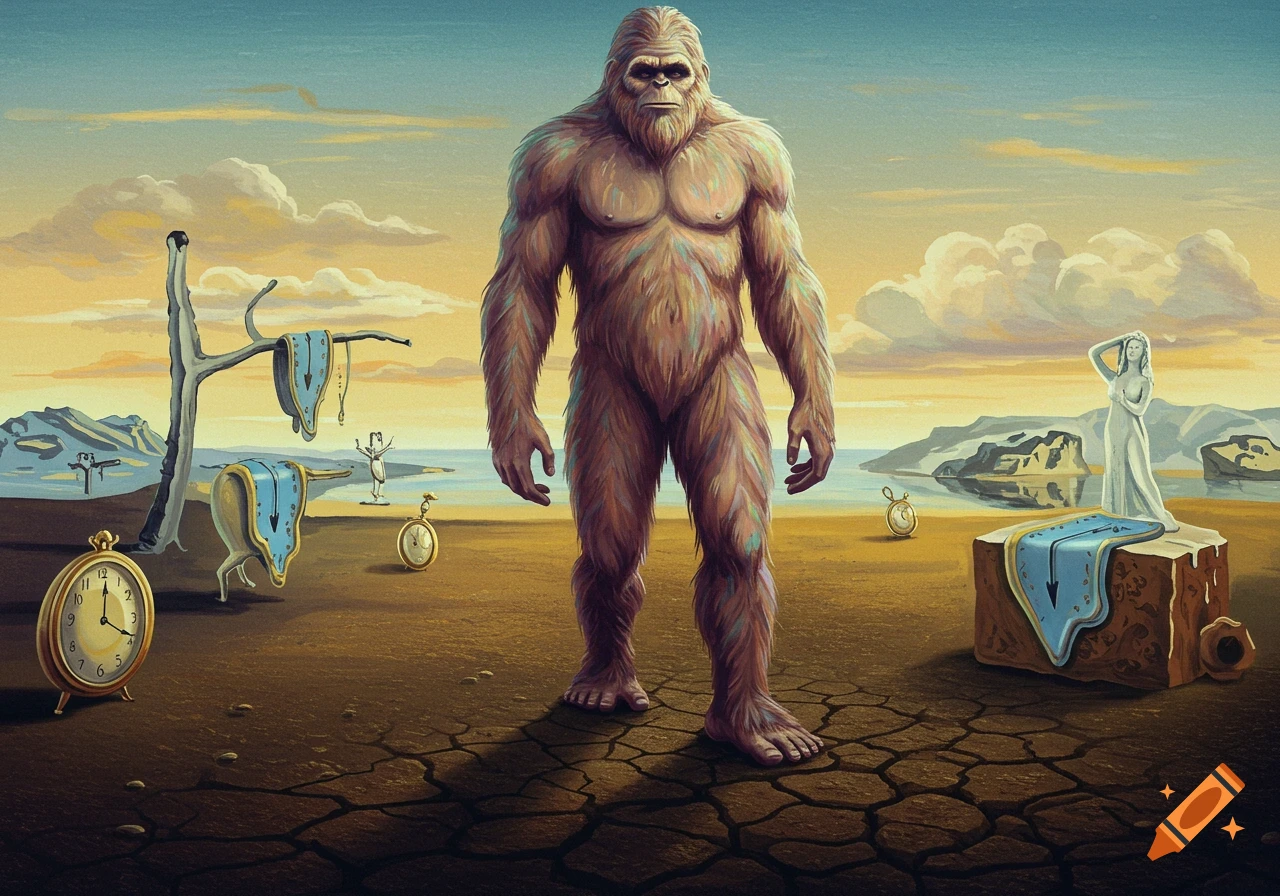 A large, furry Bigfoot stands in a surreal desert landscape with melting clocks, a bare tree, and a statue under a sunset sky.