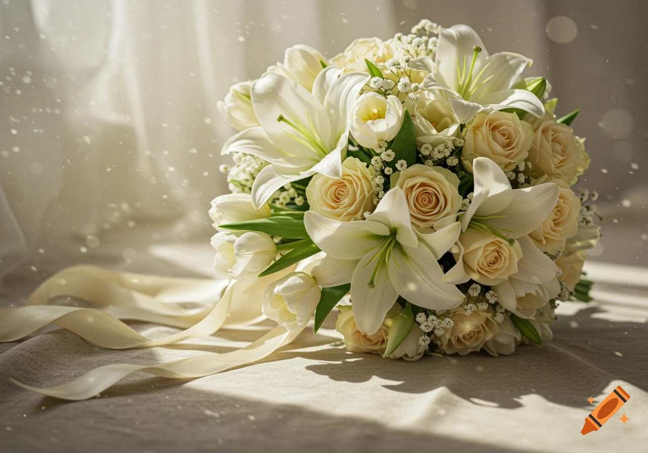 A beautiful bridal bouquet with white lilies, tulips, and roses, illuminated by soft light and dappled with dust motes.