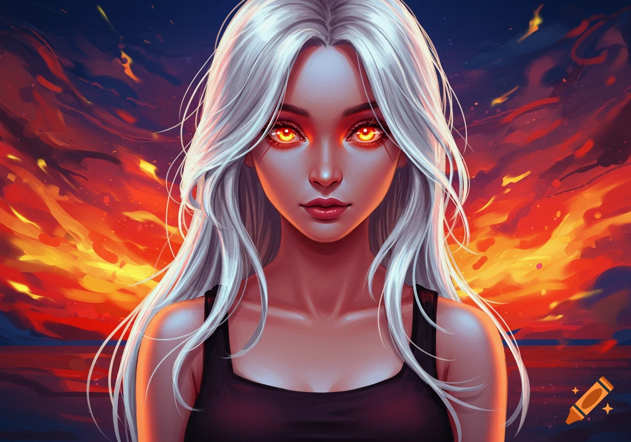 A digitally painted portrait of a young woman with long silver hair and glowing orange eyes against a fiery red and orange sky.