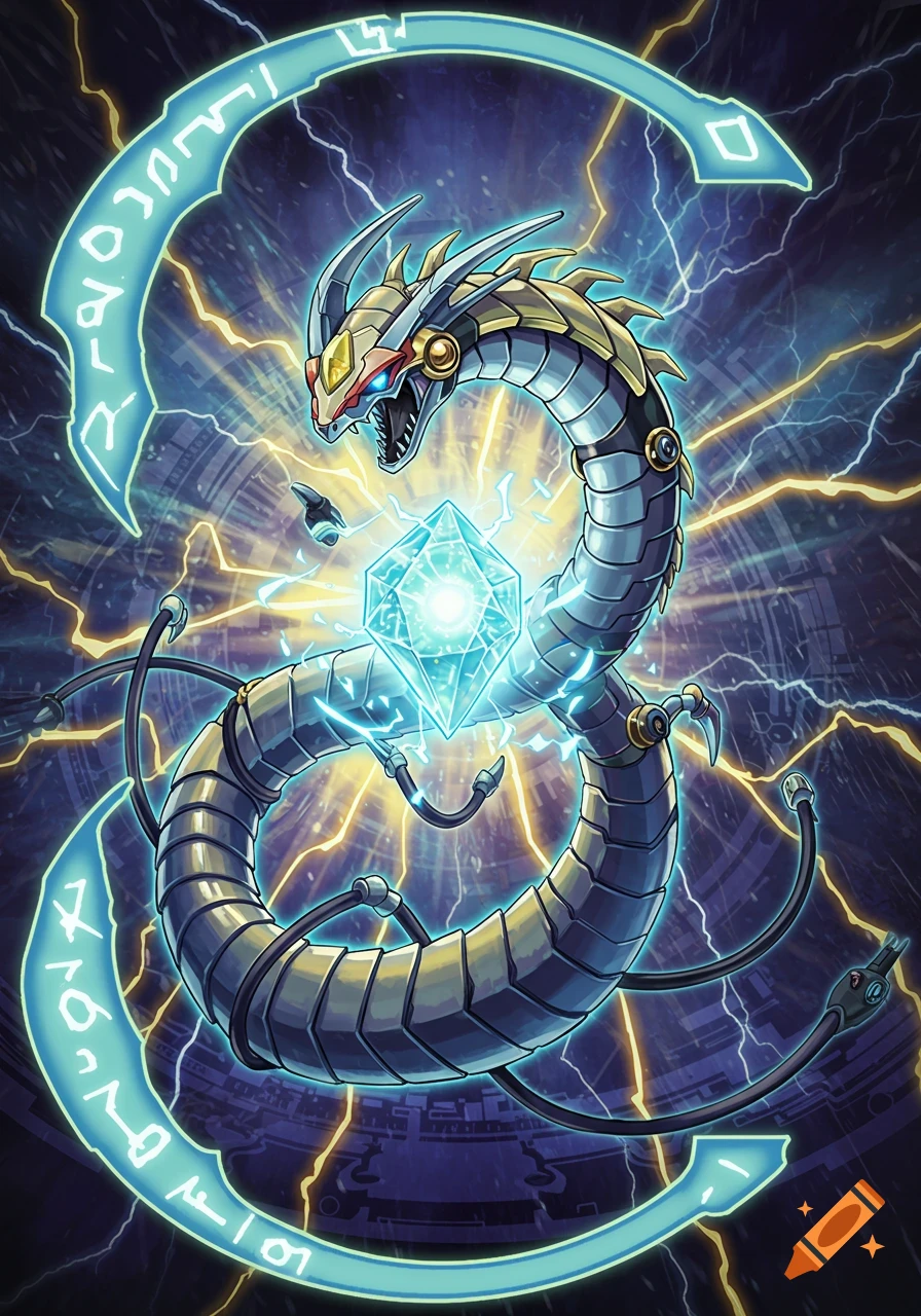 A metallic, serpent-like dragon coils around a glowing blue crystal, surrounded by lightning and glowing arcane symbols in the style of Yugioh card art.