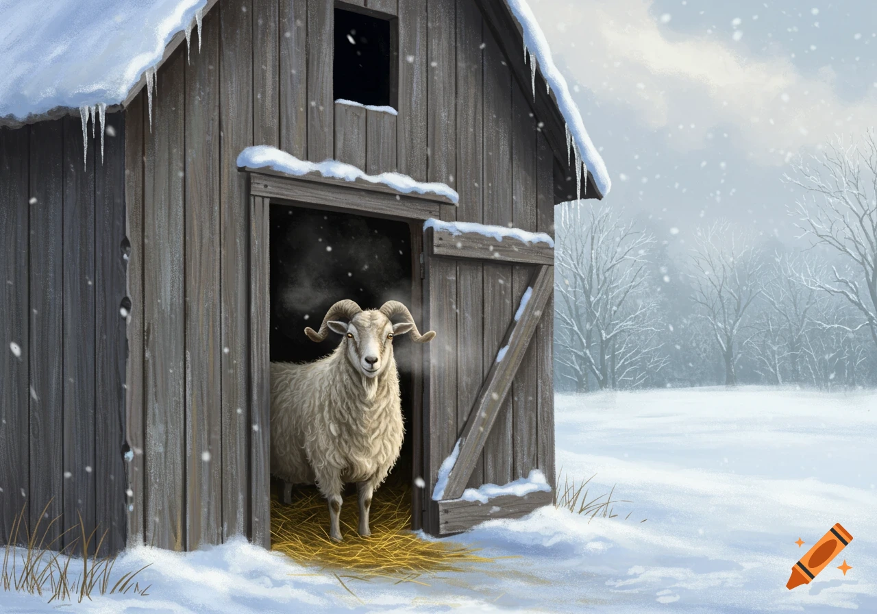 A ram stands in the open doorway of a wooden barn, looking out at a snowy landscape with falling snow.