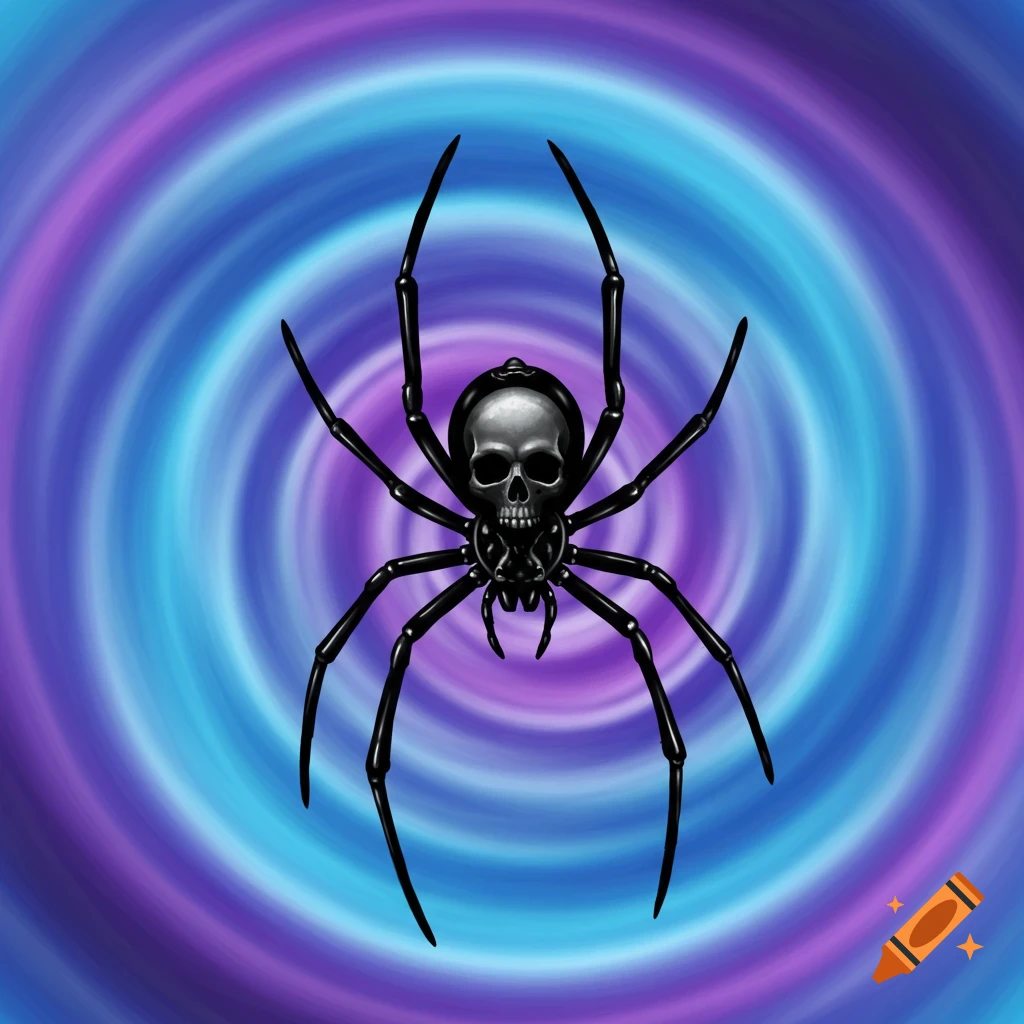 A black spider with a skull on its body, centered against a swirling blue and purple tie-dye background.