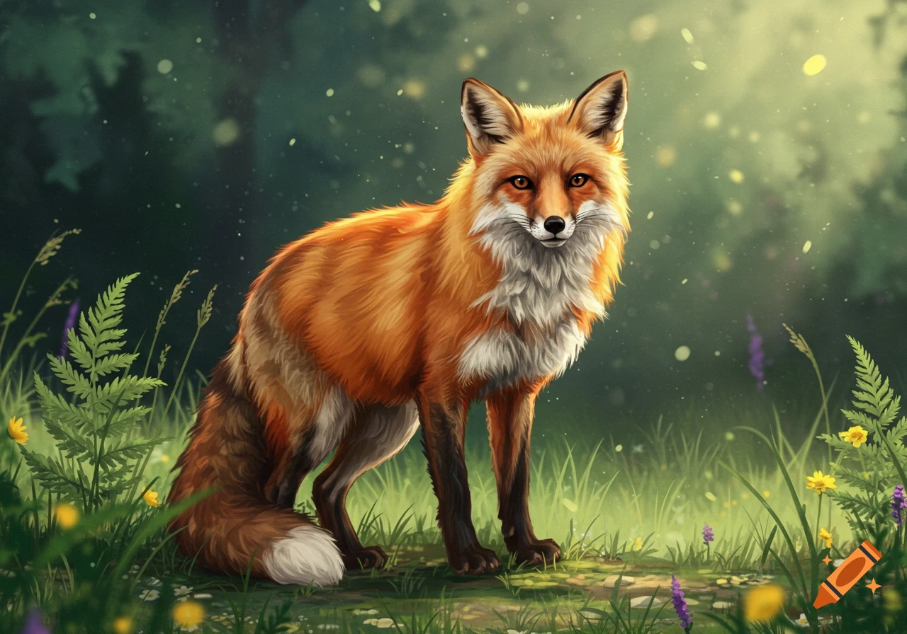 A vibrant illustration of a red fox with white chest fur standing in a