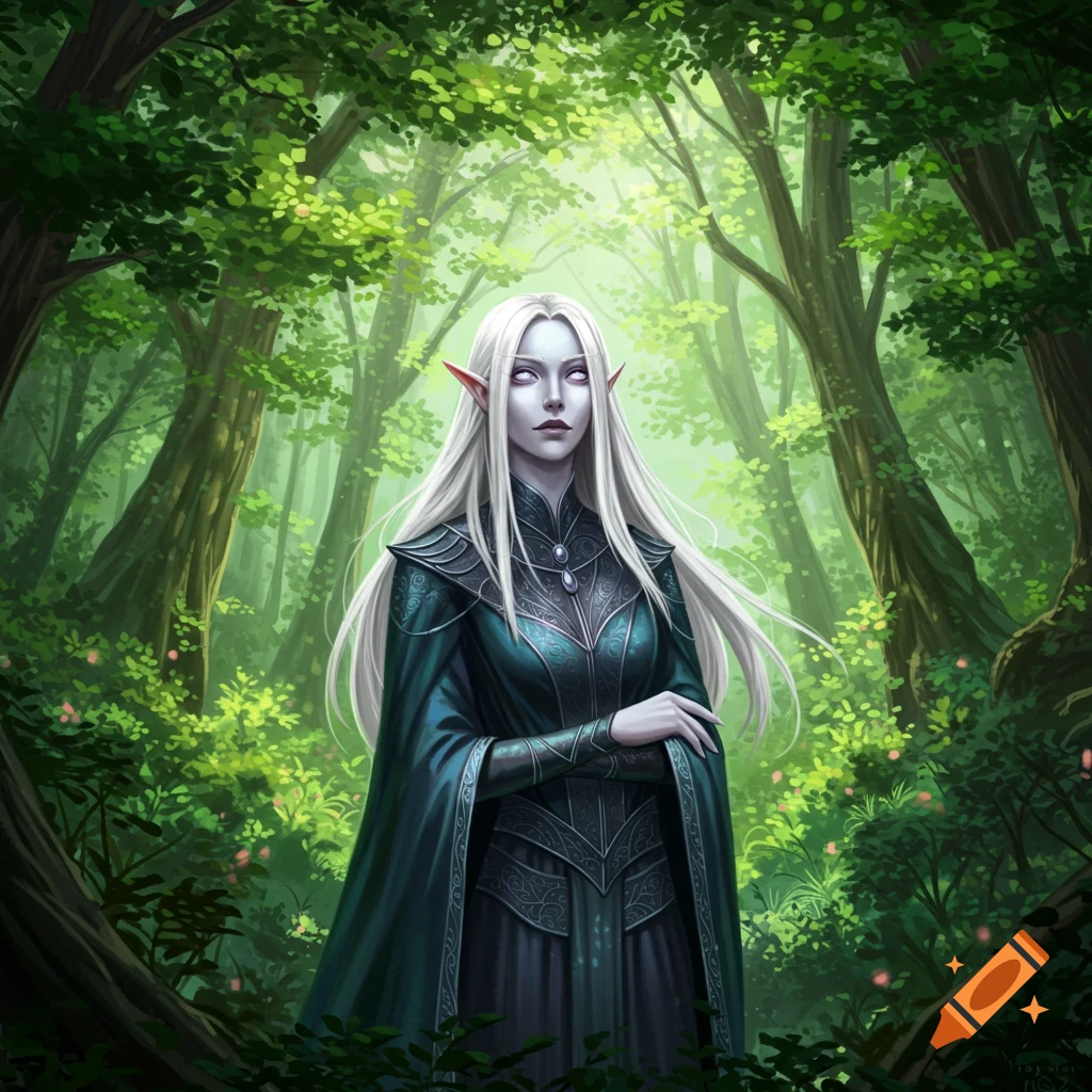 A white-haired drow elf with glowing eyes in an ornate dark teal outfit stands in a vibrant green forest.