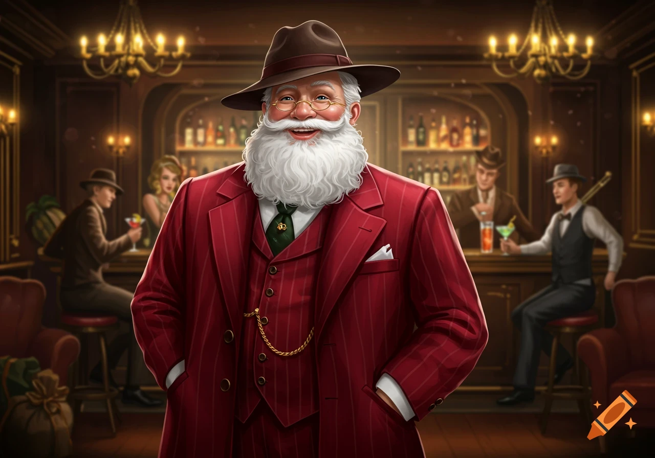 A smiling Santa Claus in a pinstripe red suit and fedora stands in a 1920s-style bar.