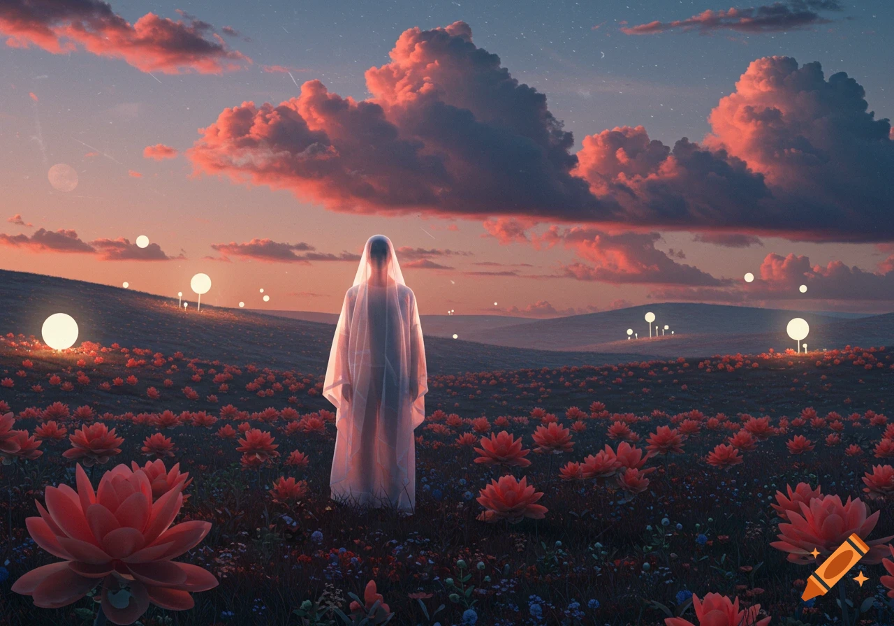 A figure in a sheer veil stands in a field of red flowers under a vivid pink and orange sunset sky with glowing orbs.