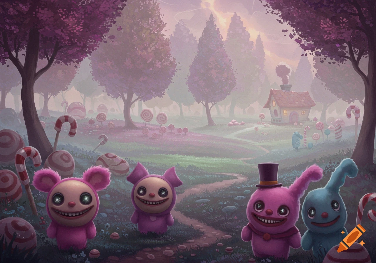 Four fuzzy, grinning, big-eyed creatures in a whimsical, misty candy forest with pink trees, giant lollipops, and a small house in the background.