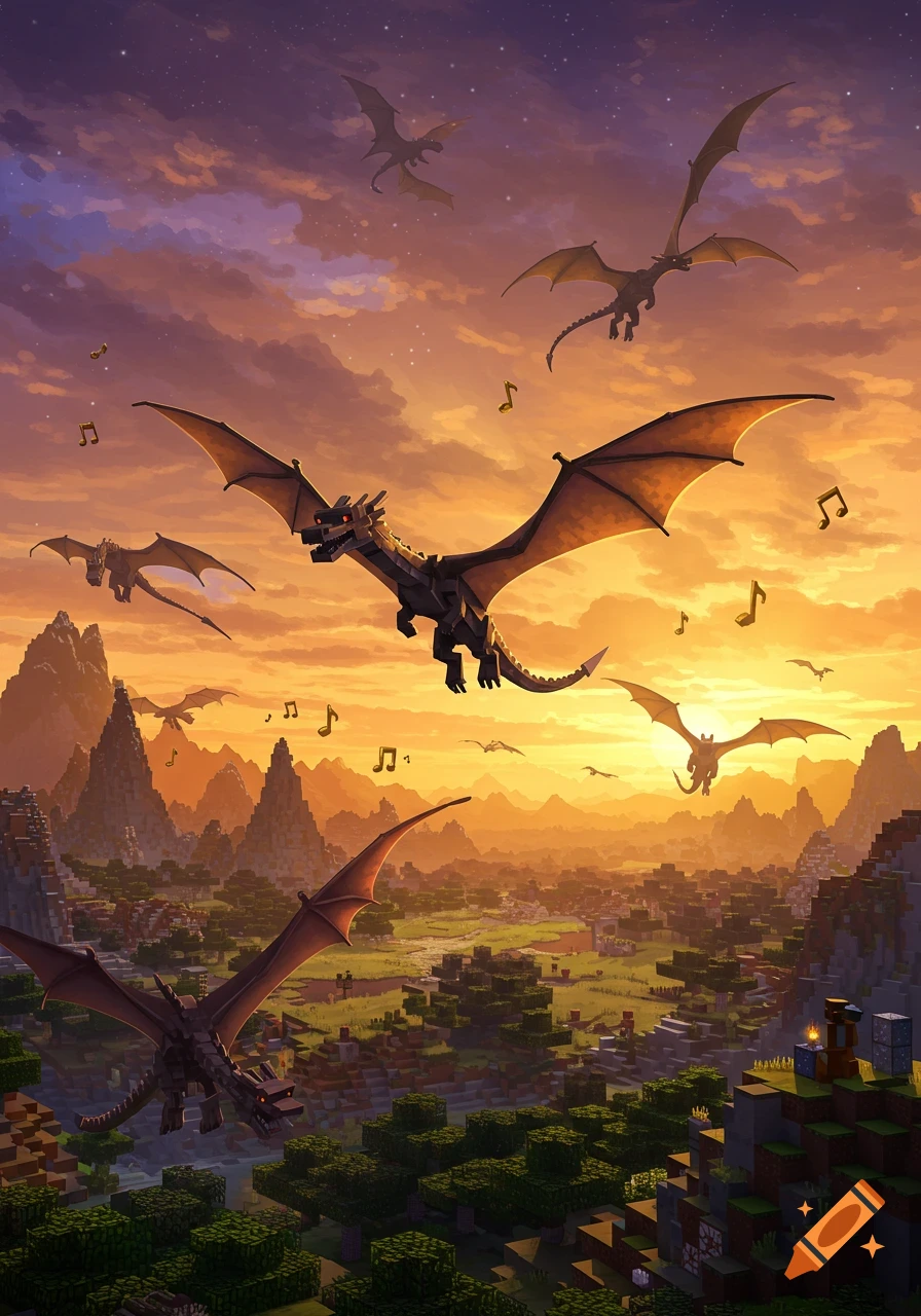 Blocky dragons fly through a vibrant sunset sky over a vast blocky landscape with mountains and trees, reminiscent of Minecraft.