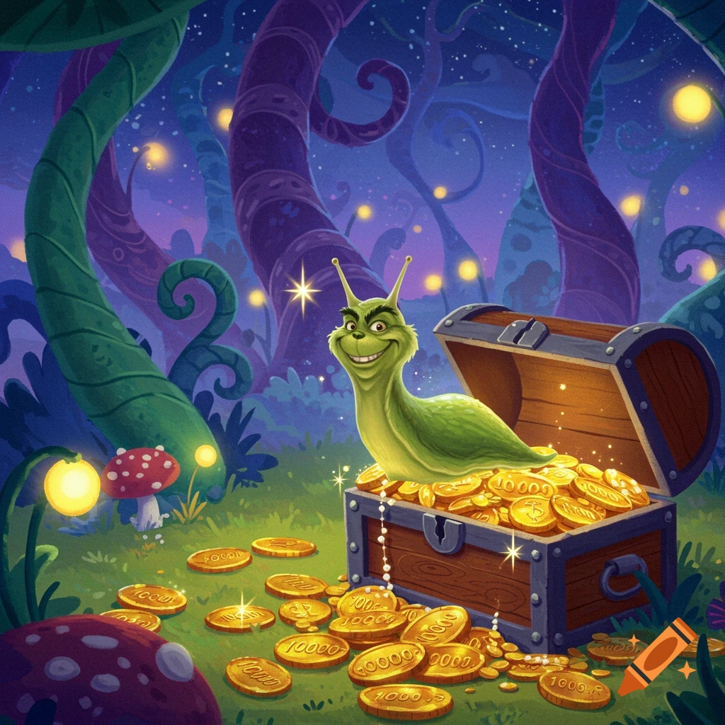 A cartoonish green slug with a Grinch-like face smiles from a treasure chest overflowing with gold coins in a glowing, whimsical forest at night.