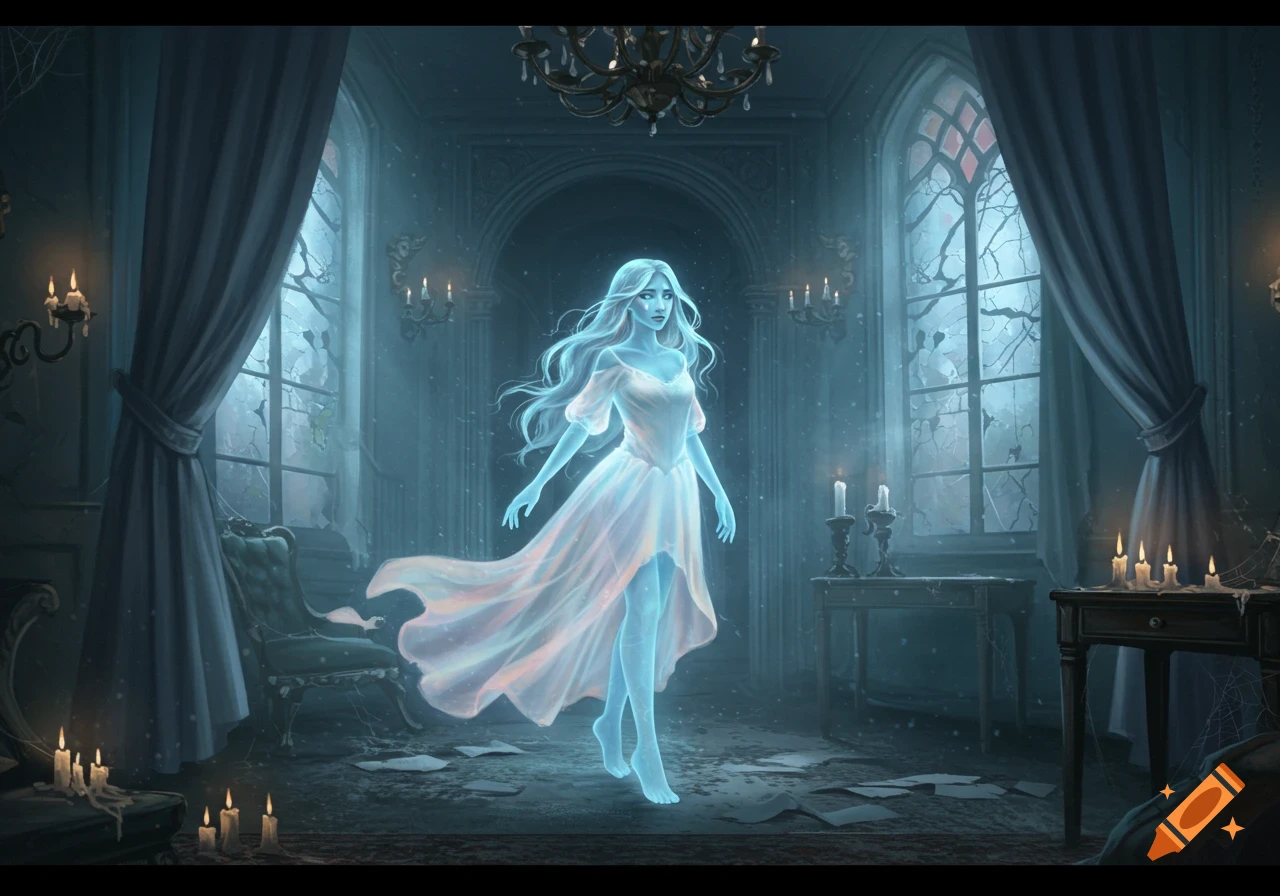 An ethereal ghost girl floats in a dusty, dilapidated mansion, glowing with a soft blue light.