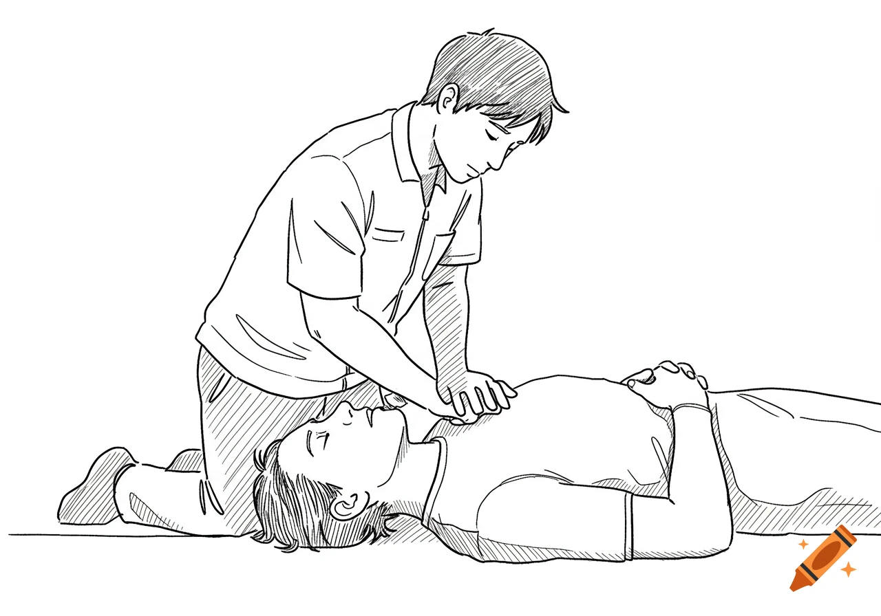 A clean line drawing of one person kneeling and performing CPR on another person lying on the ground.