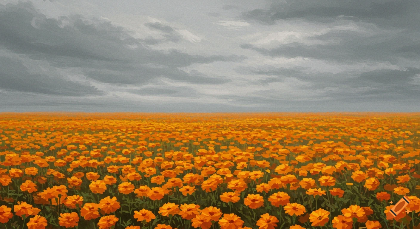 A vast field of orange marigolds under a dramatic, cloudy grey sky, rendered in a painterly style.