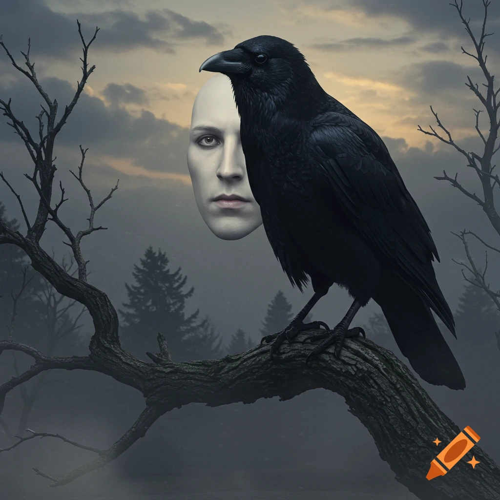 A black raven with a human face emerging from its body, perched on a bare tree branch in a dark, misty forest at dusk.