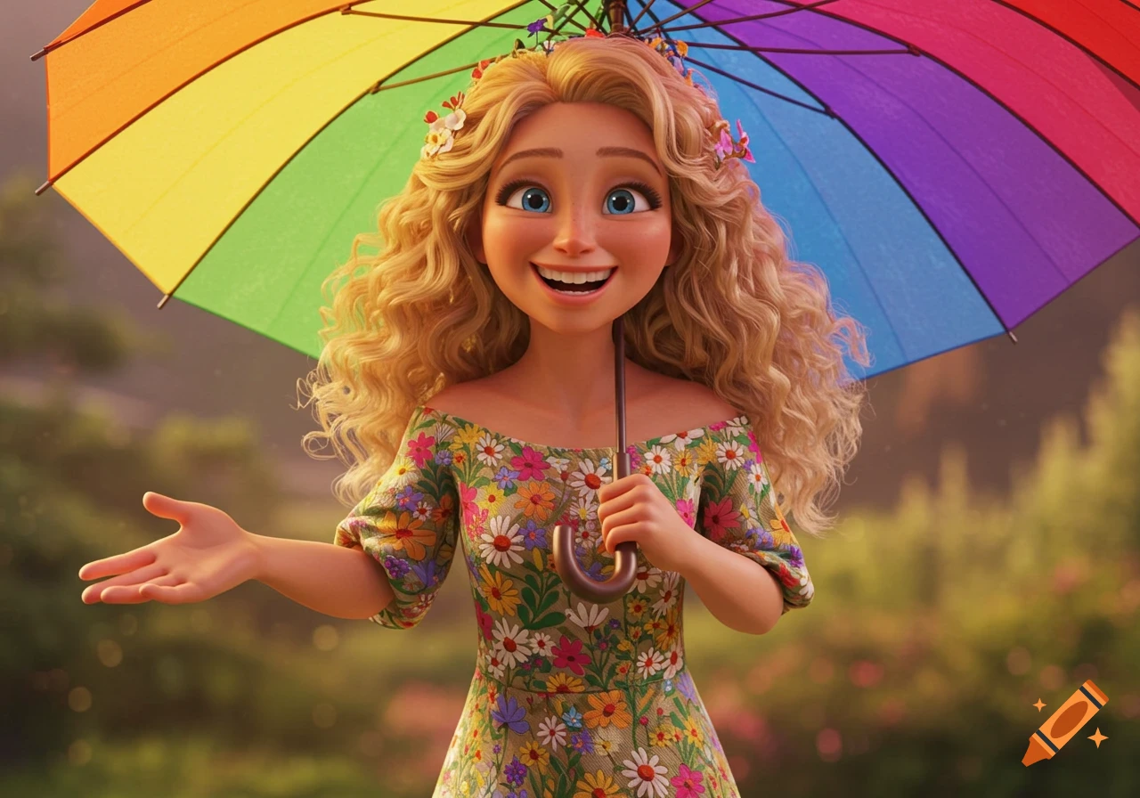 3D animated woman with curly blonde hair, blue eyes, and a floral dress, smiling while holding a rainbow umbrella and extending one hand.