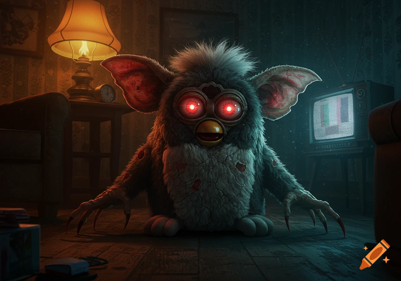 A scary, decaying Furby-like creature with glowing red eyes and sharp claws in a dimly lit, eerie room.